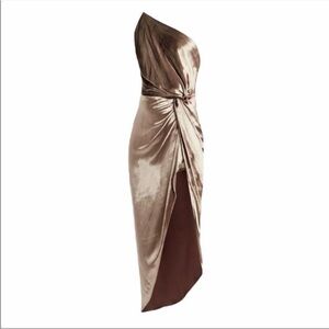 MICHELLE MASON Gold Silk Velvet Asymmetrical One-Shoulder Midi Dress 2